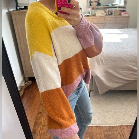 Madewell Striped Gladwell Balloon-Sleeve Pullover Sweater / SMALL / HEATHER MULB - Picture 2 of 5